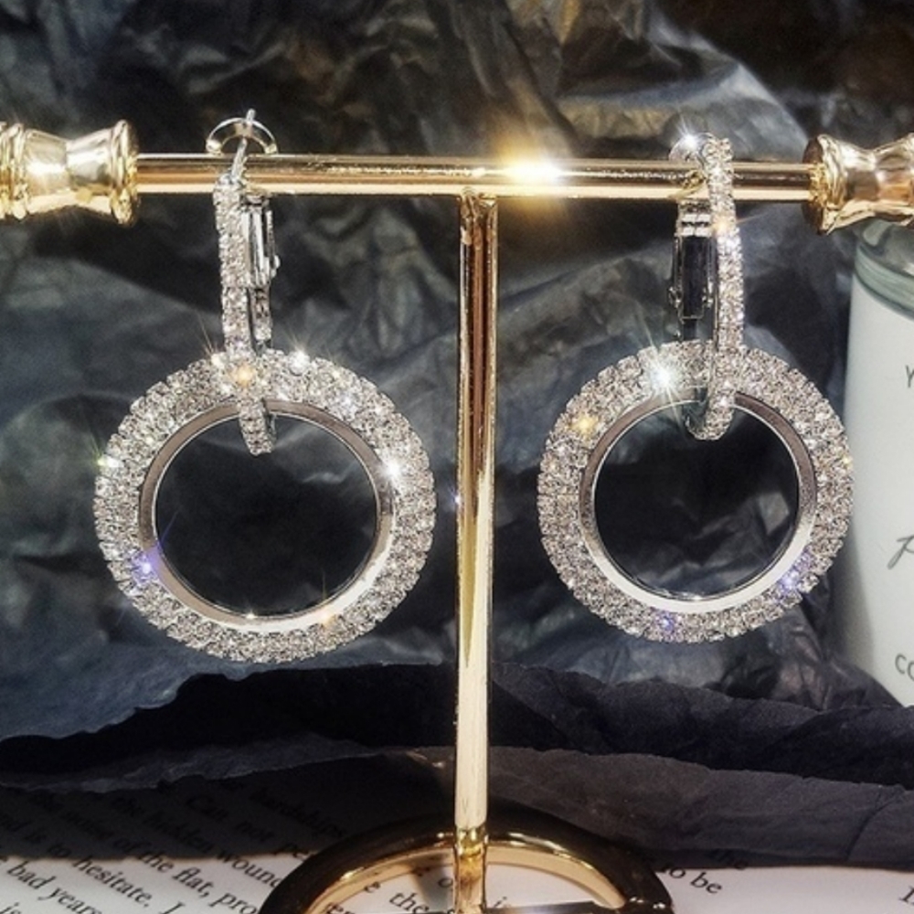 New Rhinestone Double Hoop Dangle Earrings - Picture 1 of 9